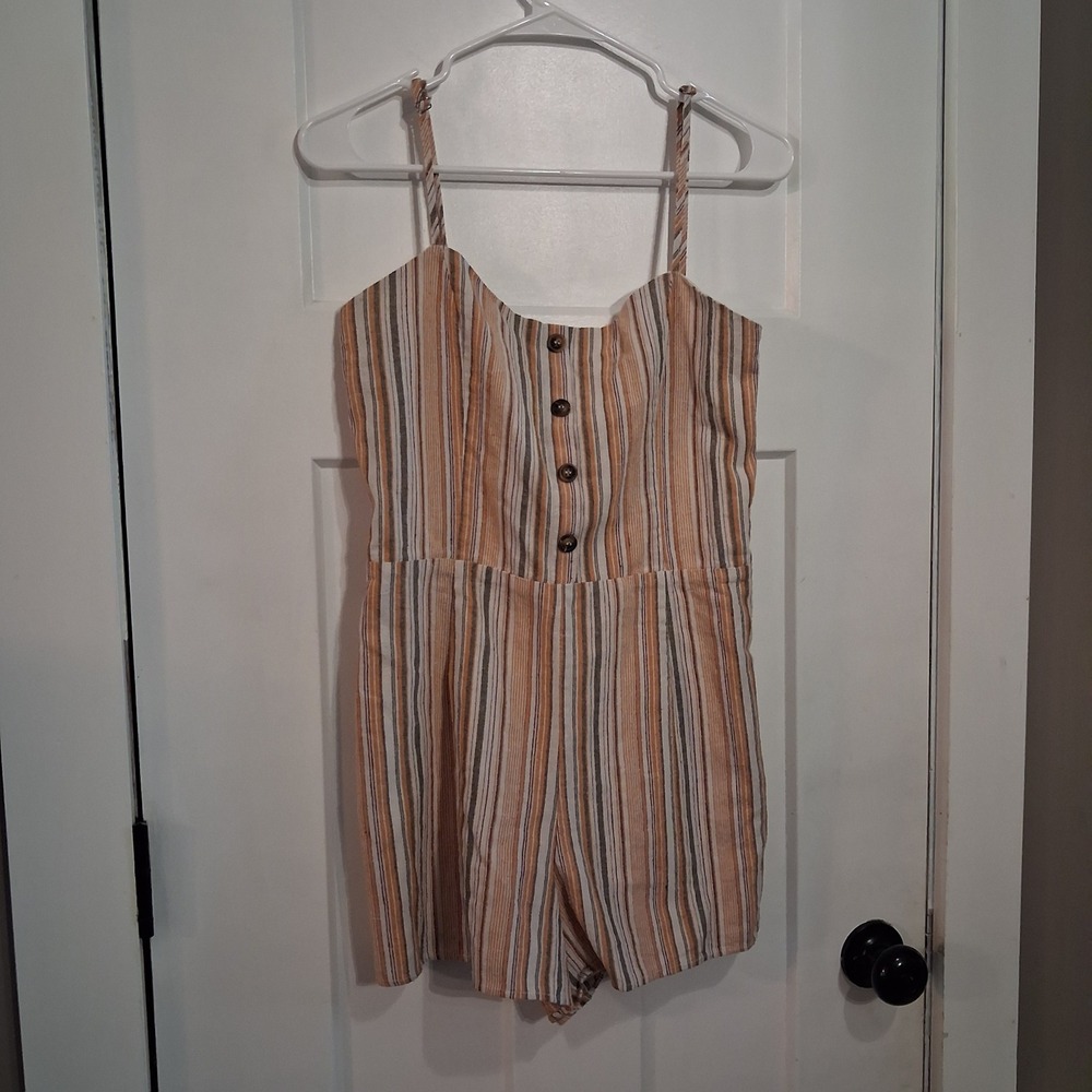 Altar'd Romper Womens L Orange Striped Cotton Linen Summer Boho Casual Short
